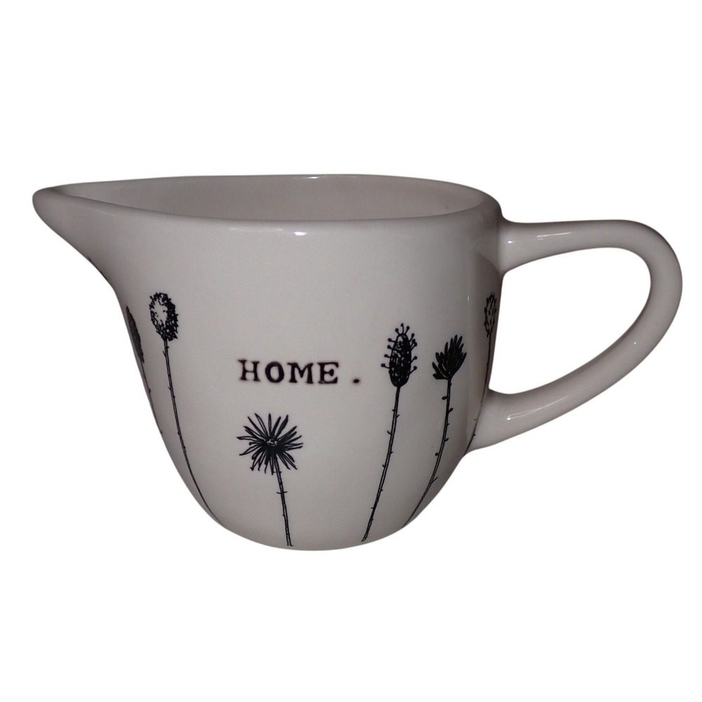 Magenta Rae Dunn Home Creamer Pitcher White Ceramic Black Flowers HTF